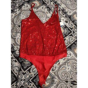 Sincerely Jules Women's Med Sequin Bodysuit Sleeveless Stretch Red Sparkle